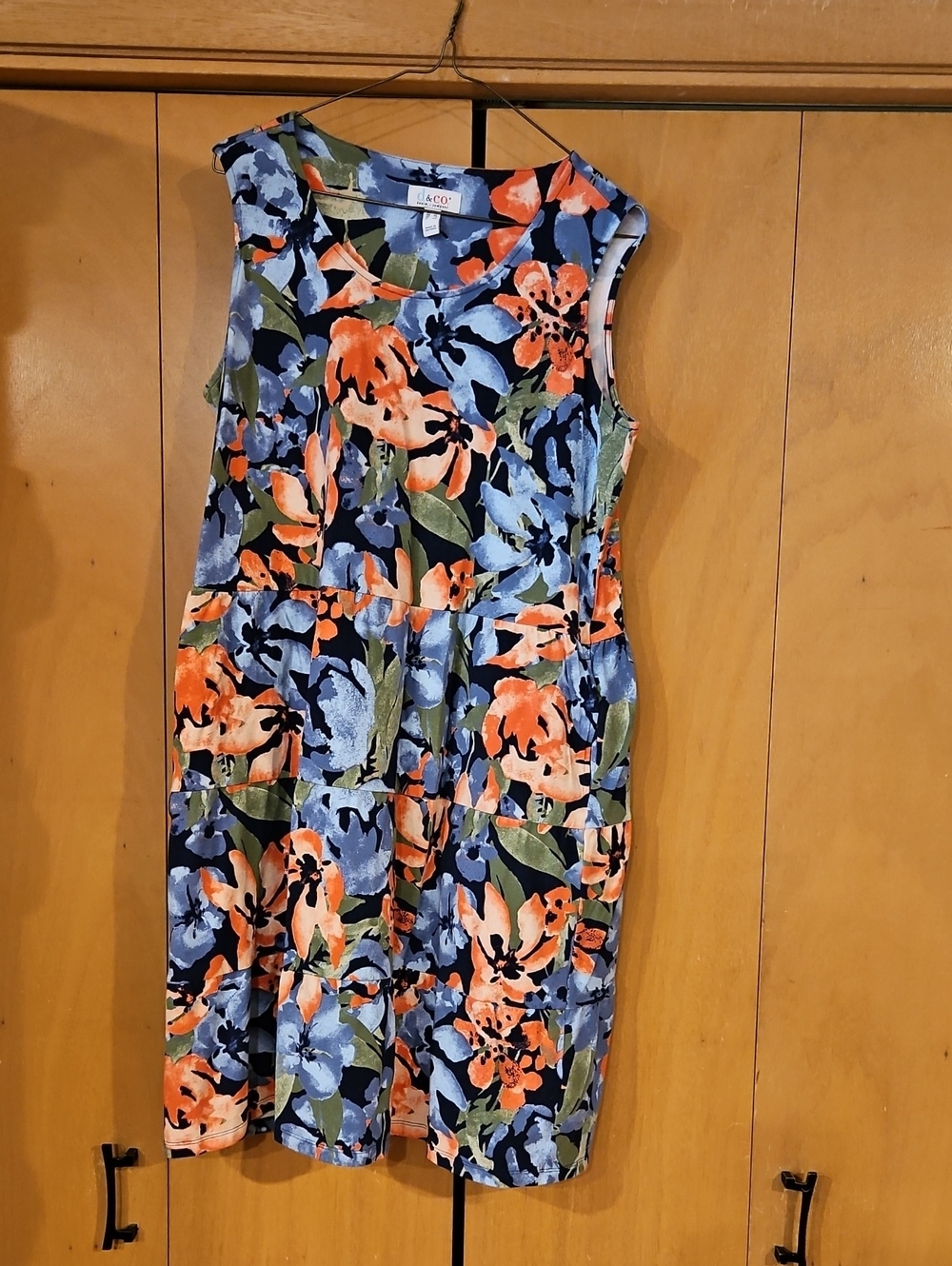 Denim&Co Floral Sleeveless Tiered Mini Dress - Blue & Orange